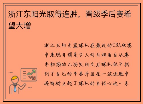 浙江东阳光取得连胜，晋级季后赛希望大增