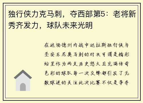 独行侠力克马刺,夺西部第5:老将新秀齐发力,球队未来光明